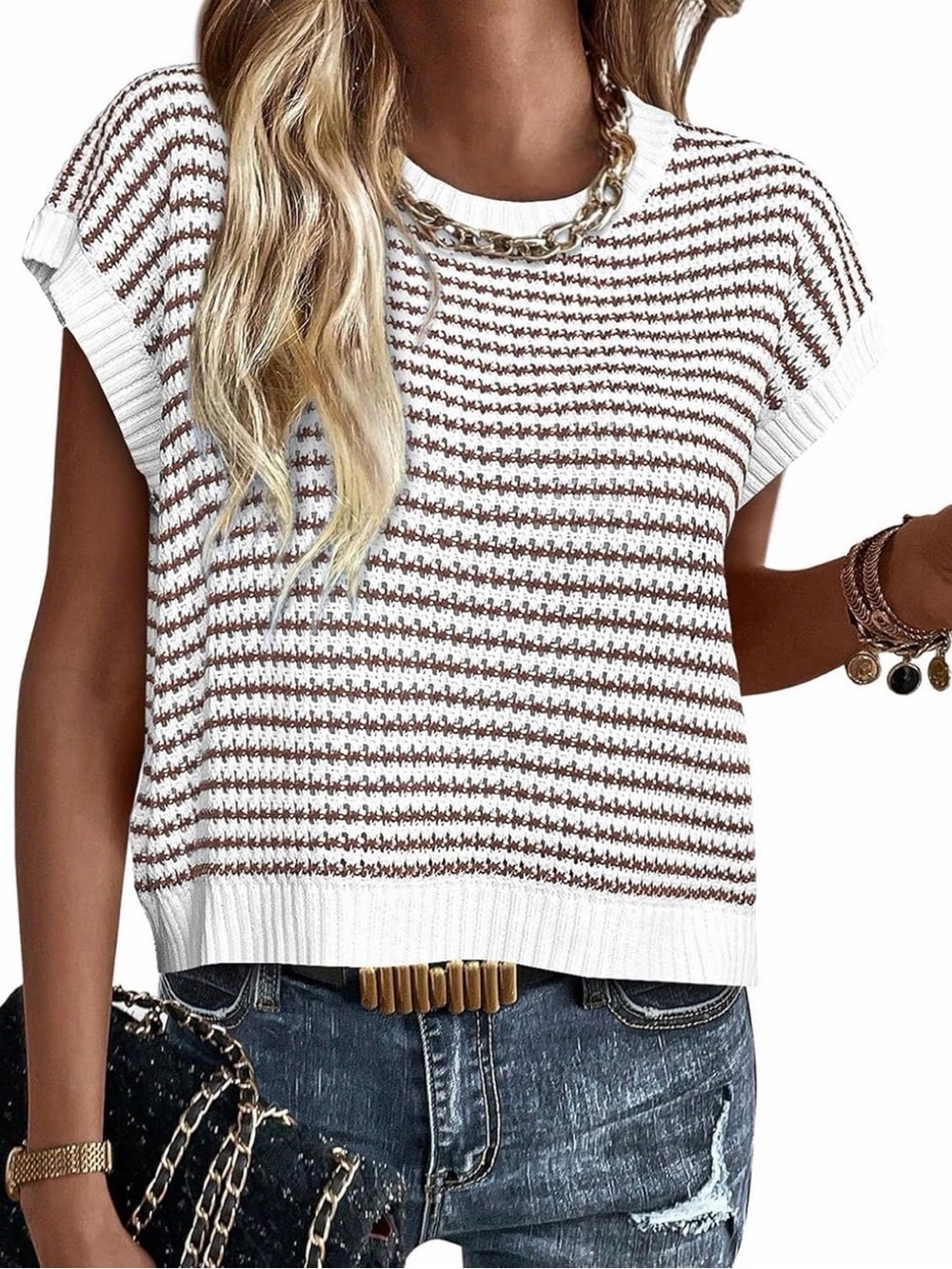 Cap Sleeve Knit Sweater▪️White & Brown▪️Size XXL